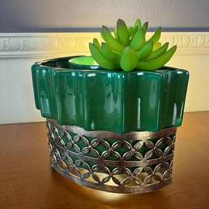Vintage MCM Planter Lamp Dark Green w/ Metal Base Half Moon Crescent Herb Light